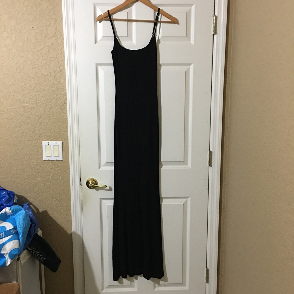 Skims Ribbed Long Slip Maxi Dress Womens Medium Black Sleeveless Bodycon Lounge